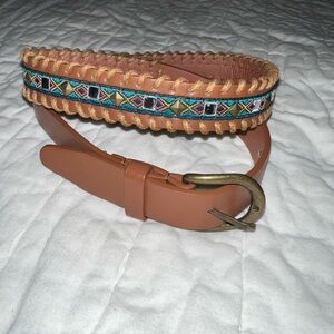 Juniors Western Braided Studded Embroidered Belt Brown Geometric Brass Buckle 29